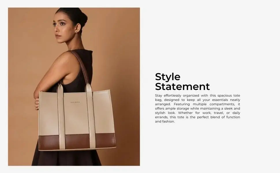 Voyage Color-blocked Commuter Beige-White Tote bag