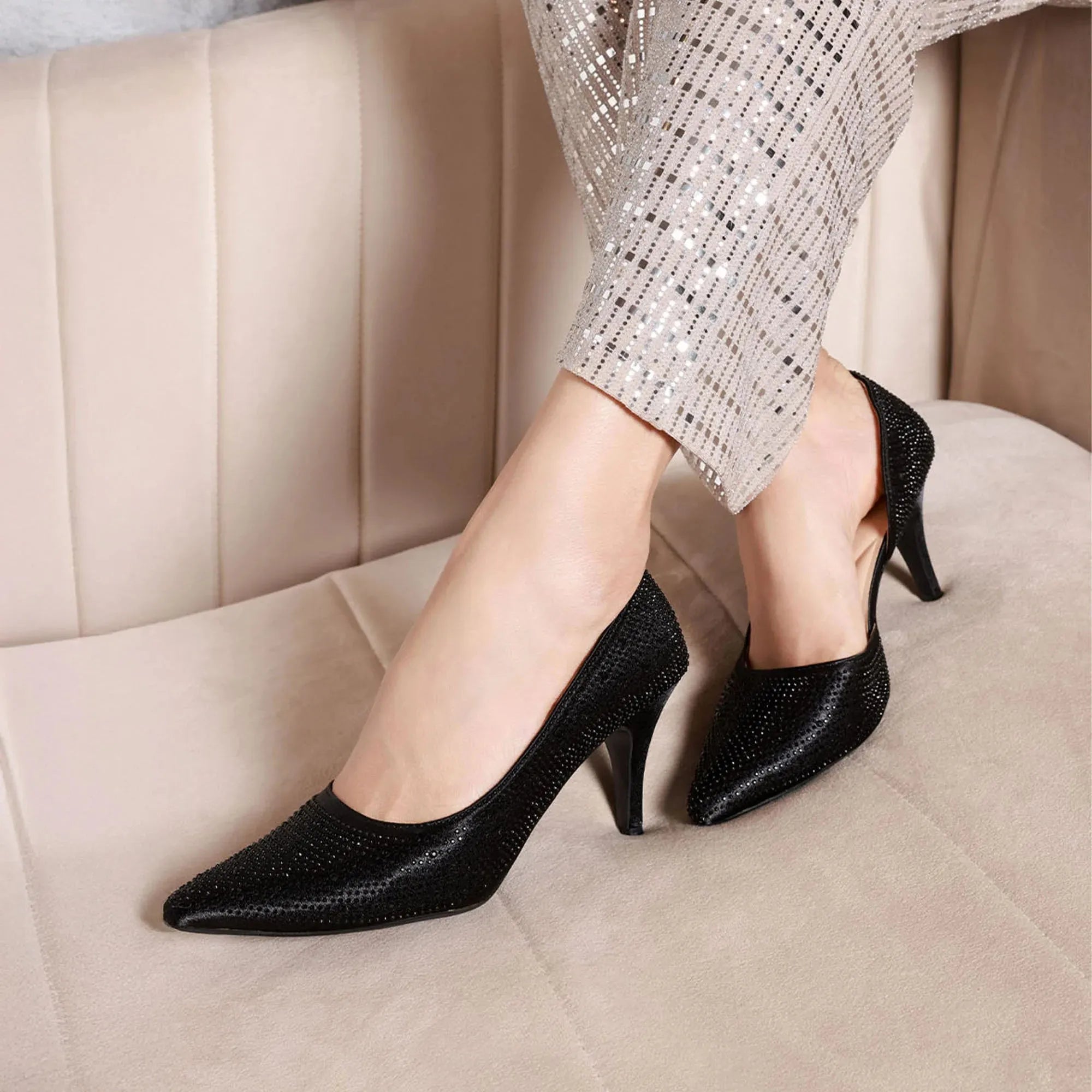 Victoria Diamond Studded Jet Black Slim Pumps - Lino Perros