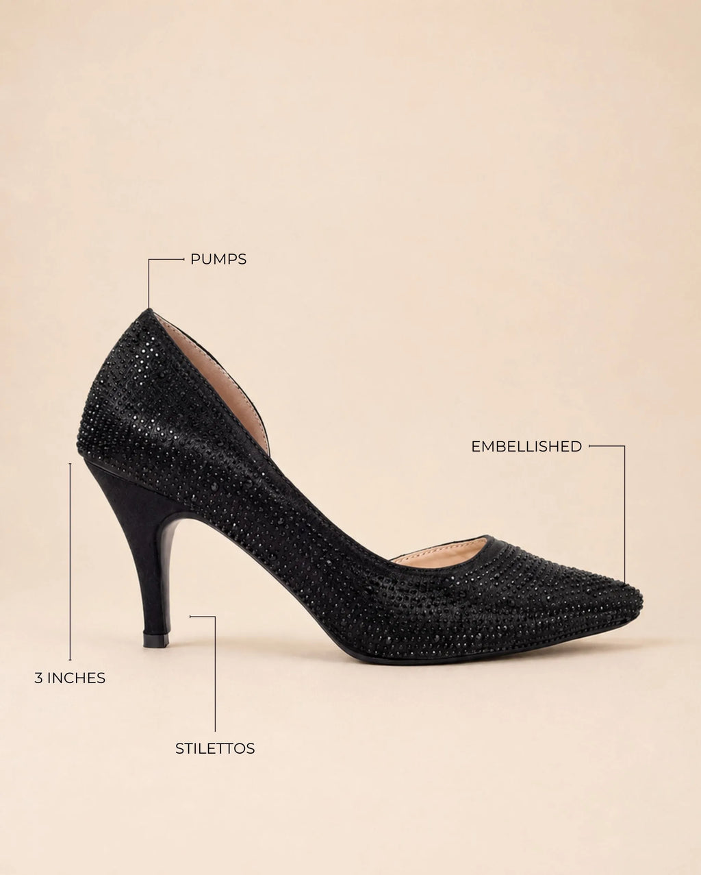 Victoria Diamond Studded Jet Black Slim Pumps - Lino Perros