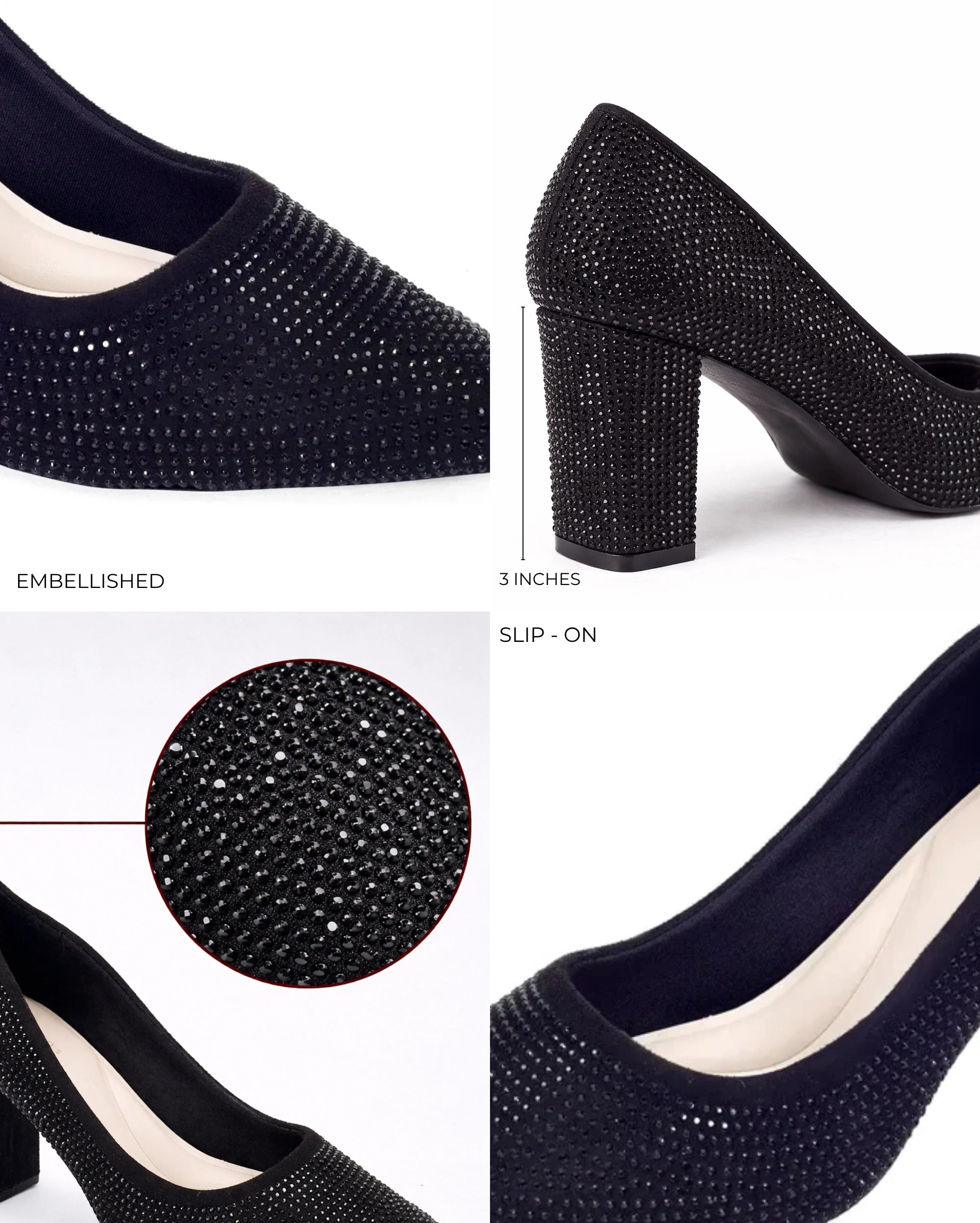 Gabbana Diamond Studded Block Jet-Black Pumps - Lino Perros