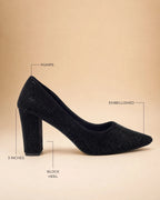 Gabbana Diamond Studded Block Jet-Black Pumps - Lino Perros
