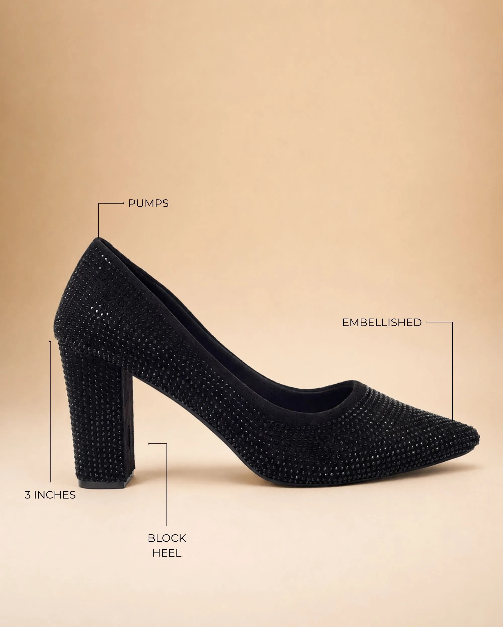 Gabbana Diamond Studded Block Jet-Black Pumps - Lino Perros