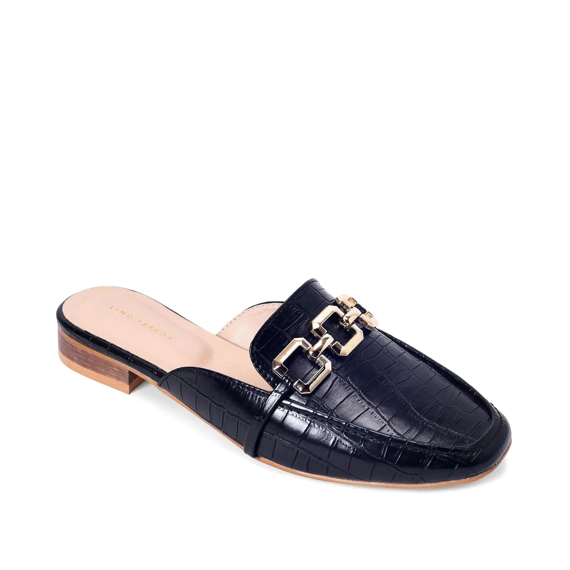 Ava Croco-Textured Chain Link Black Flats - Lino Perros
