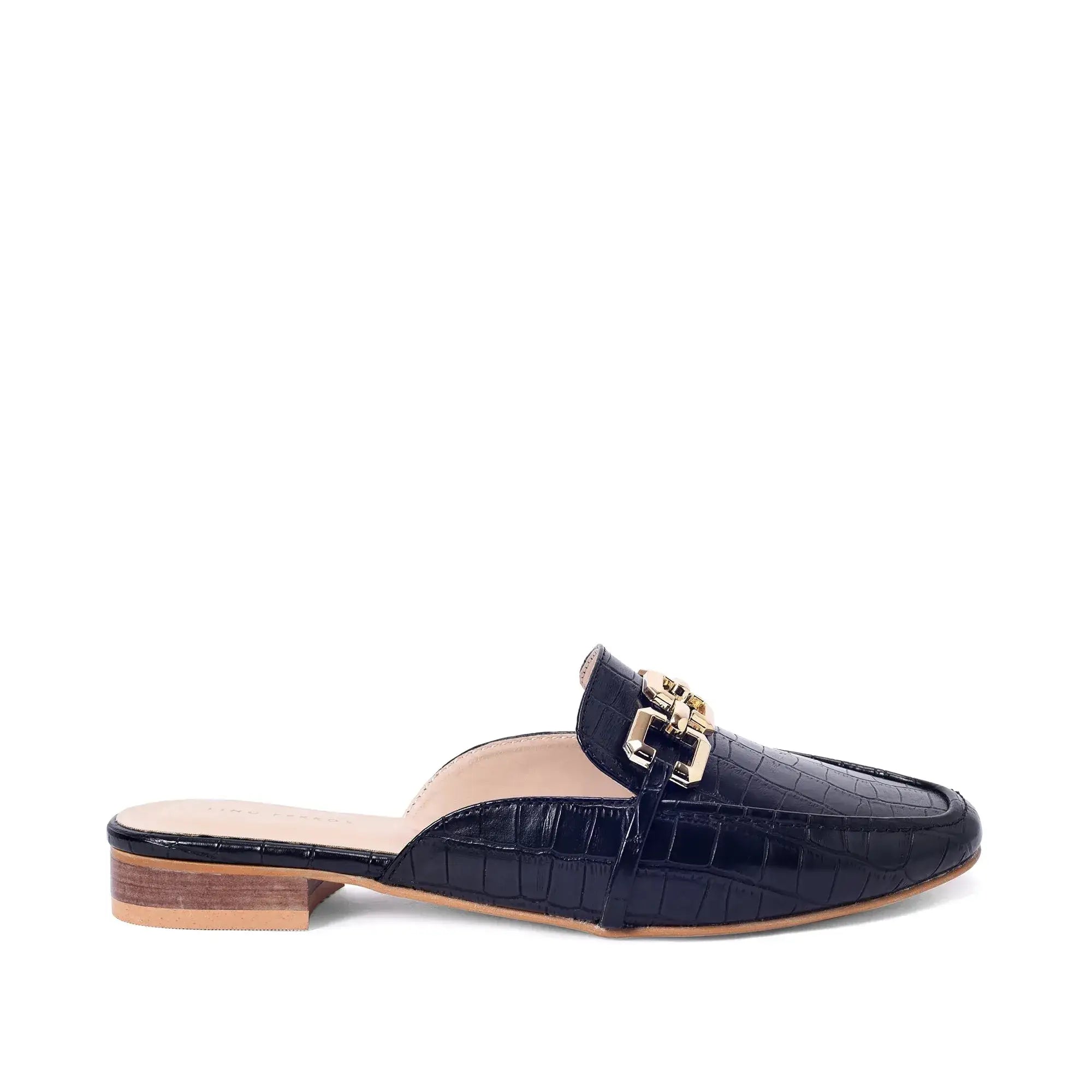 Ava Croco-Textured Chain Link Black Flats - Lino Perros
