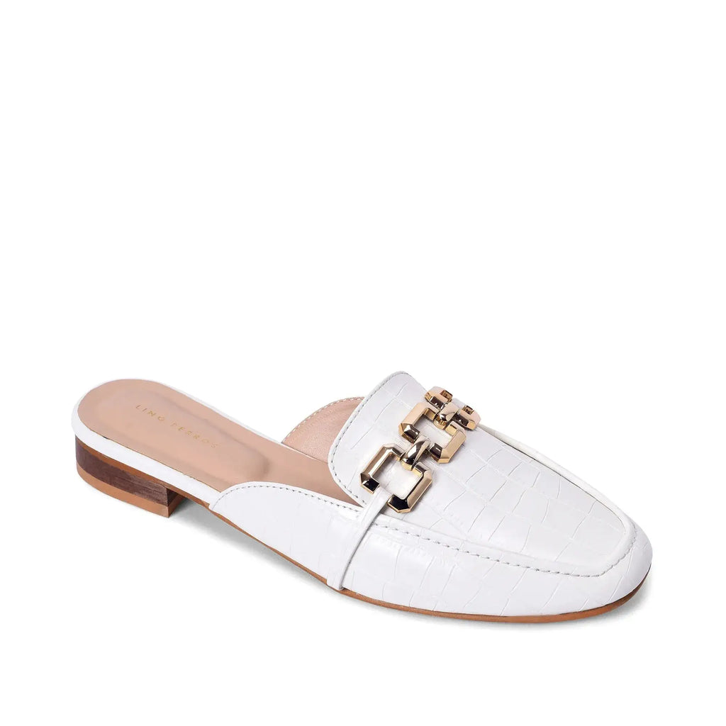 Ava Croco-Textured Chain Link White Flats - Lino Perros