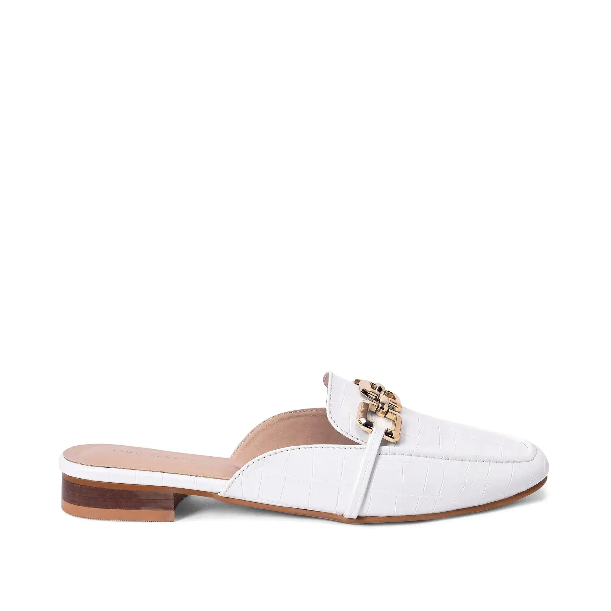 Ava Croco-Textured Chain Link White Flats - Lino Perros