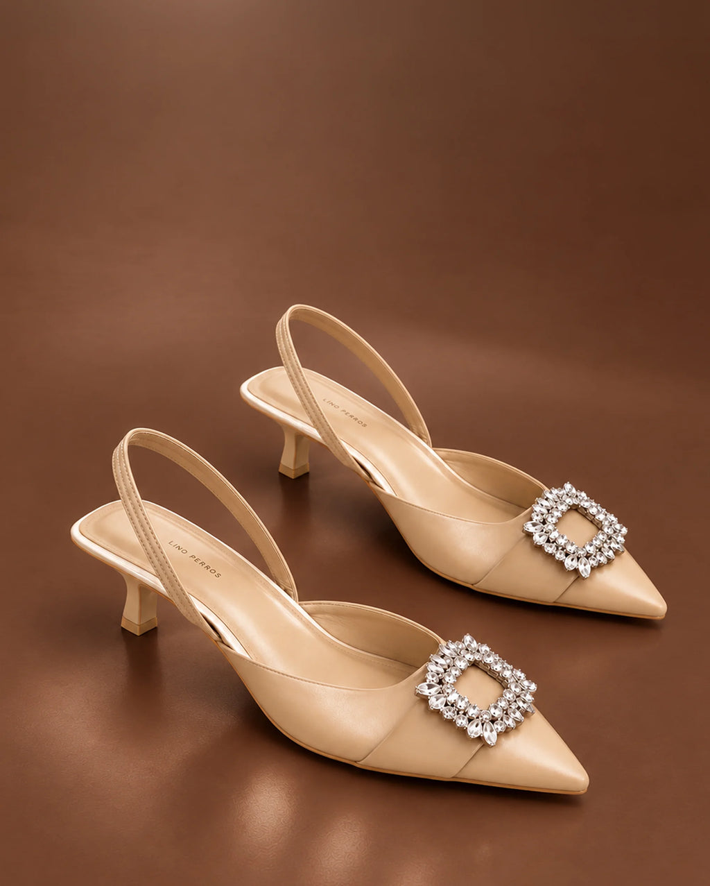 Gaga crystal broach slingback beige heels - Lino Perros
