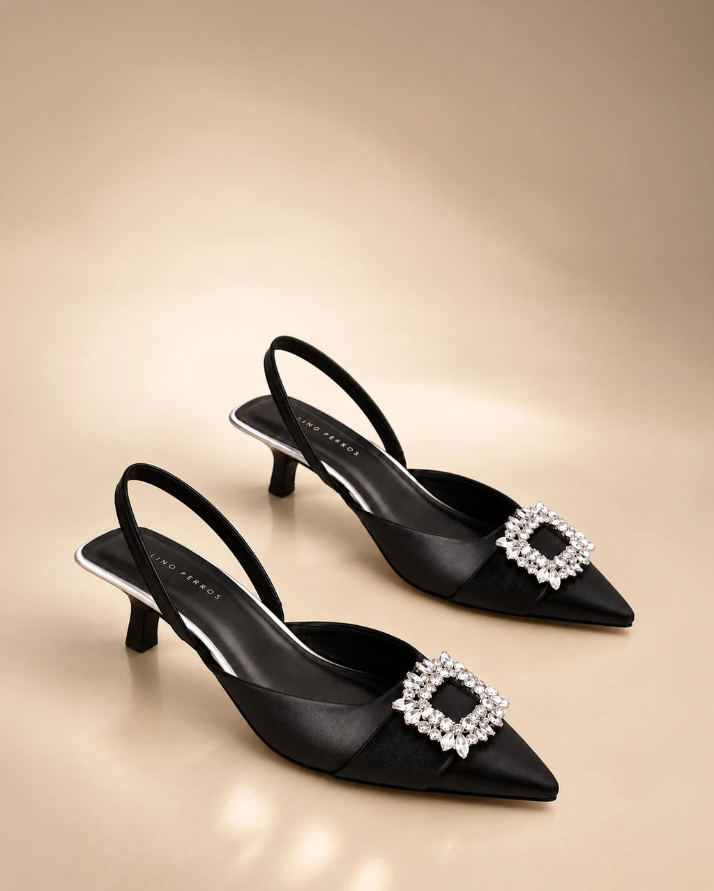 Gaga Crystal Broach Slingback Black Heels - Lino Perros