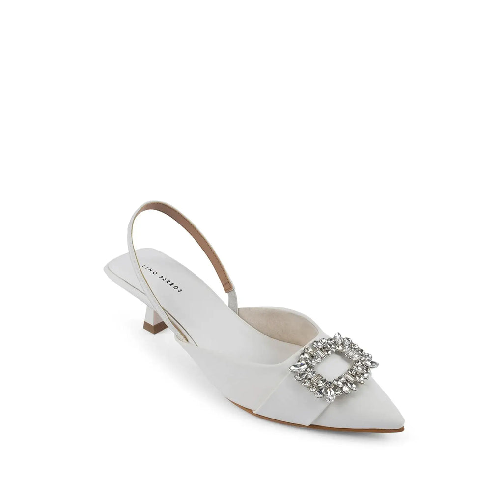 Gaga Crystal Broach Slingback White Heel - Lino Perros