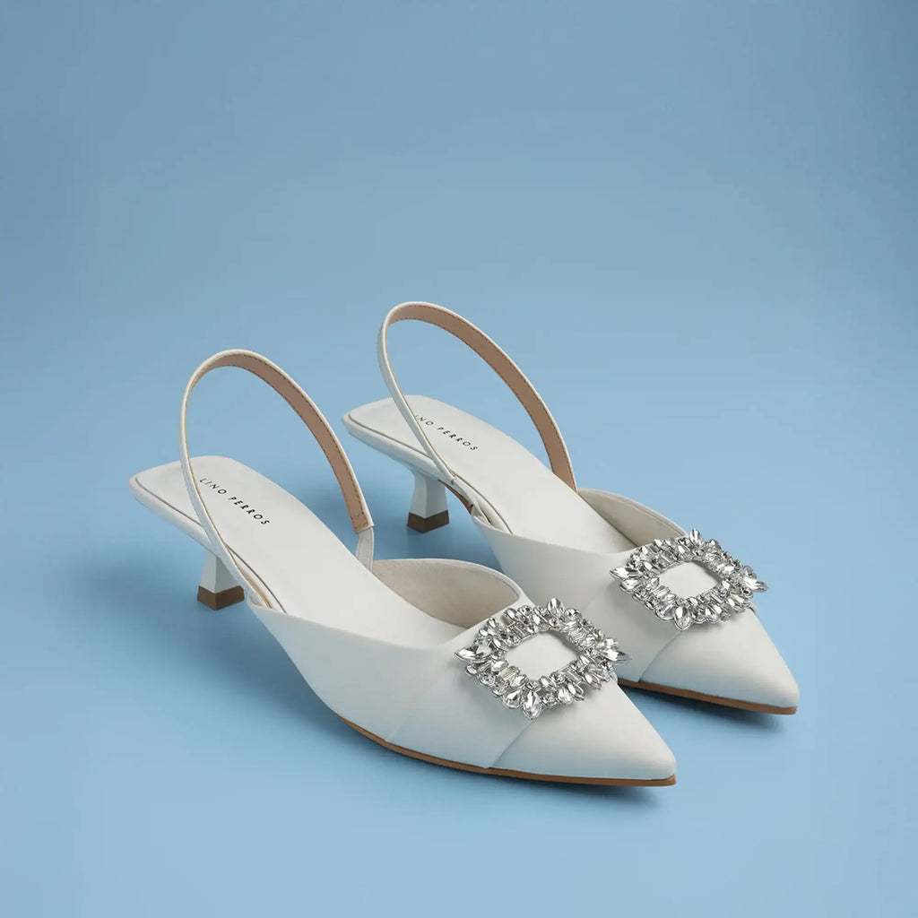 Gaga Crystal Broach Slingback White Heel - Lino Perros