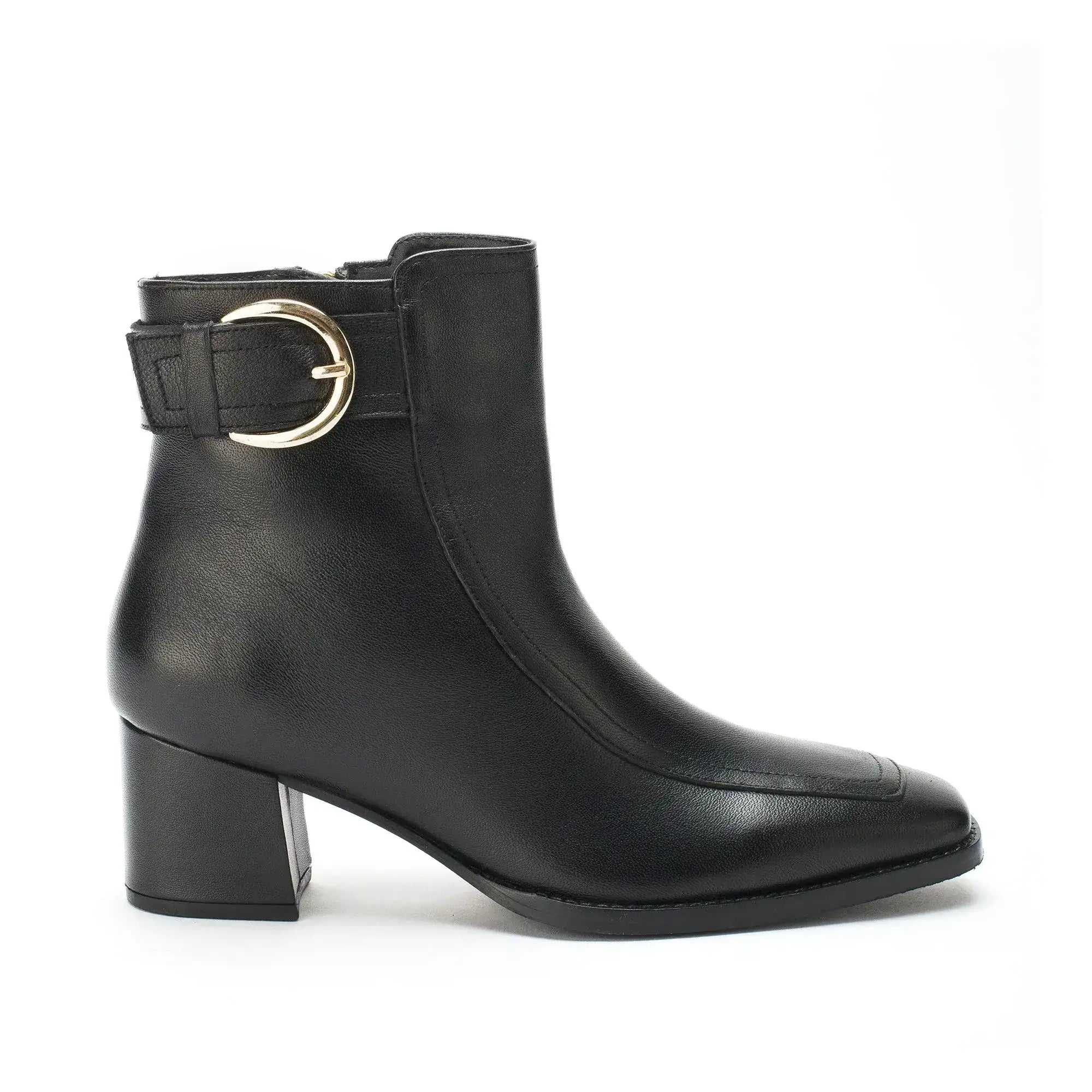 Ava Leather Ankle-Length Black Boots with Buckle - Lino Perros