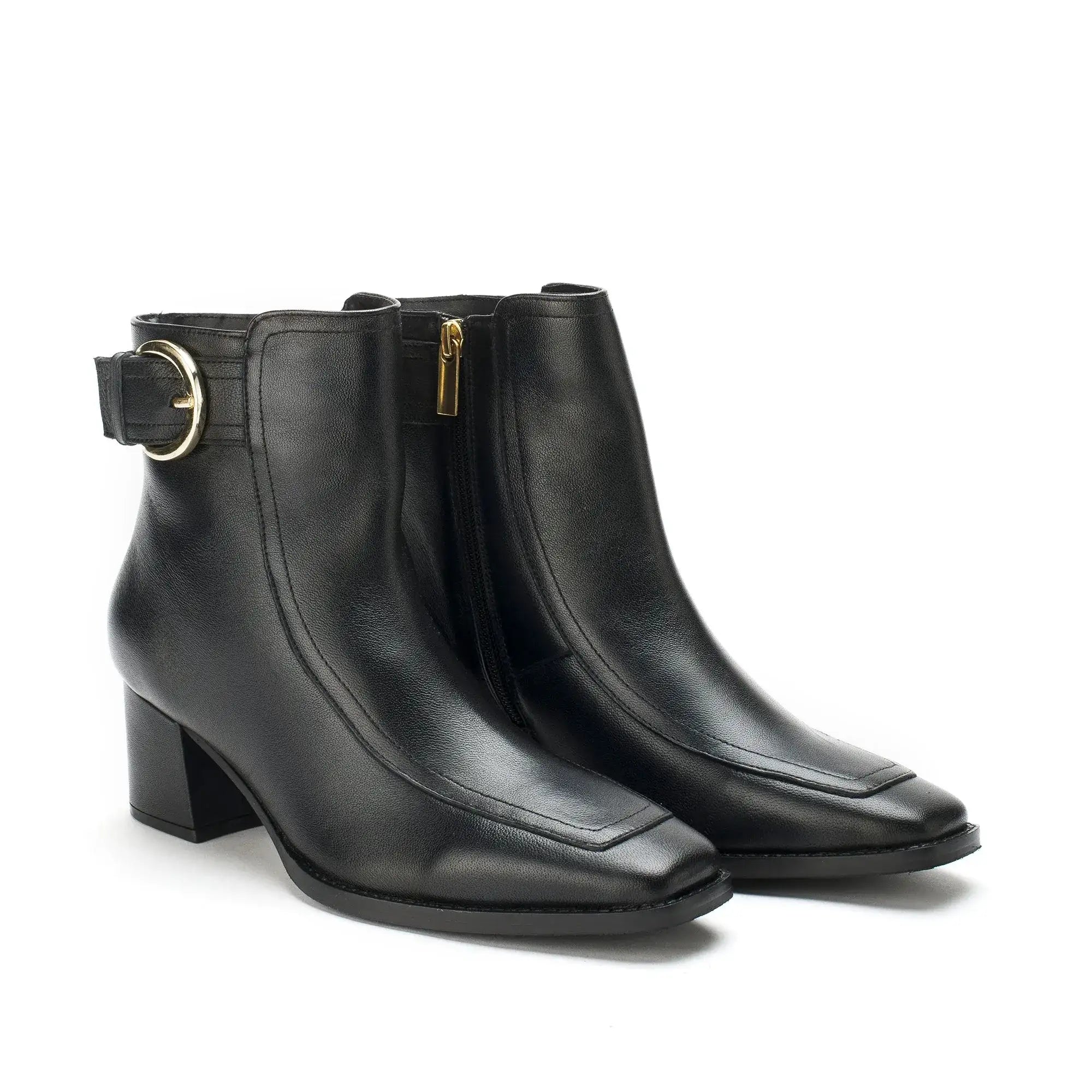 Ava Leather Ankle-Length Black Boots with Buckle - Lino Perros
