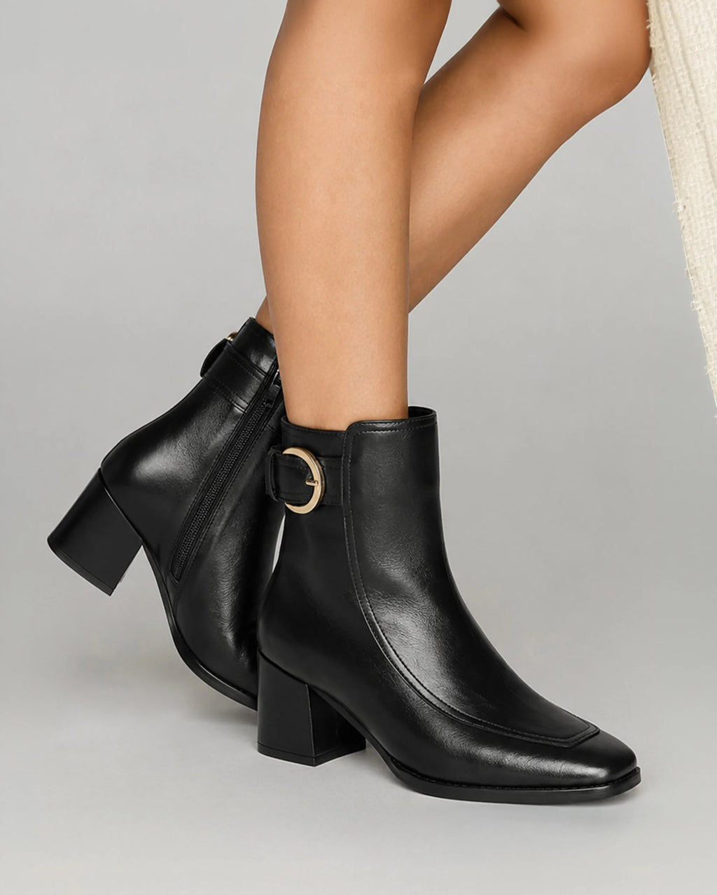 Ava Leather Ankle-Length Black Boots with Buckle - Lino Perros