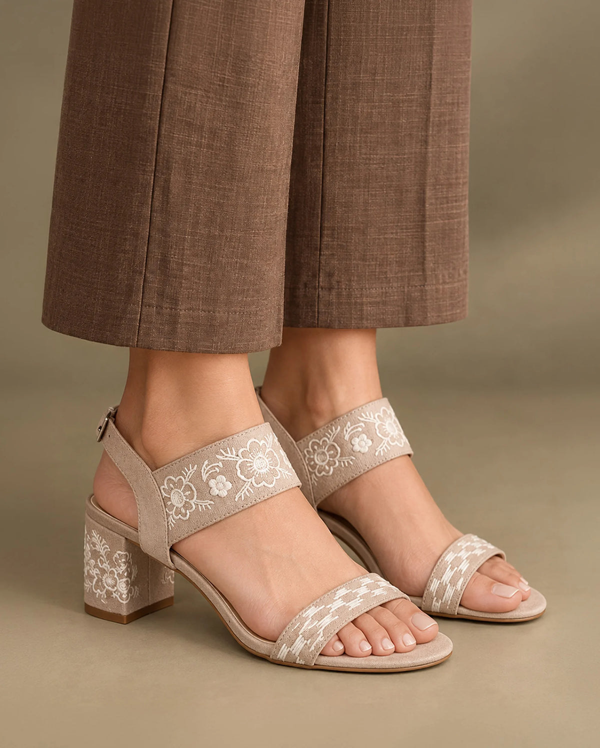 Mary Beige Boho Block Heels - Lino Perros