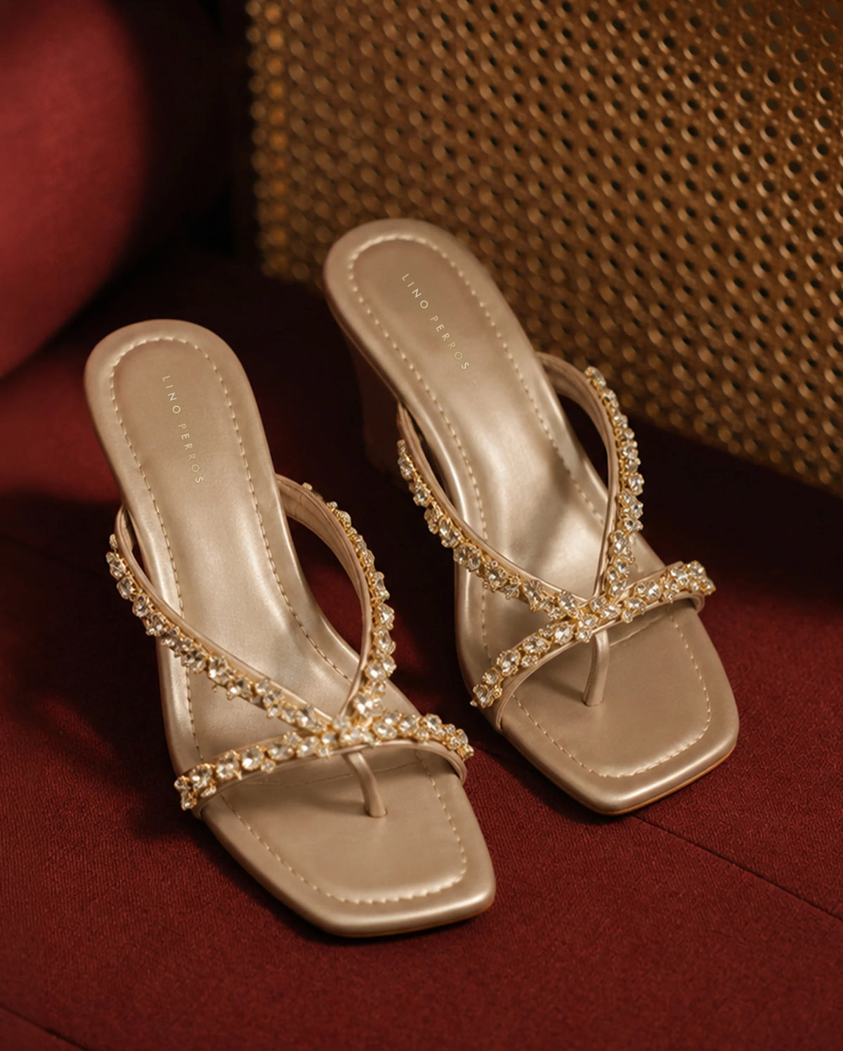 Victoria Gold Crystal Strap Wedges - Lino Perros