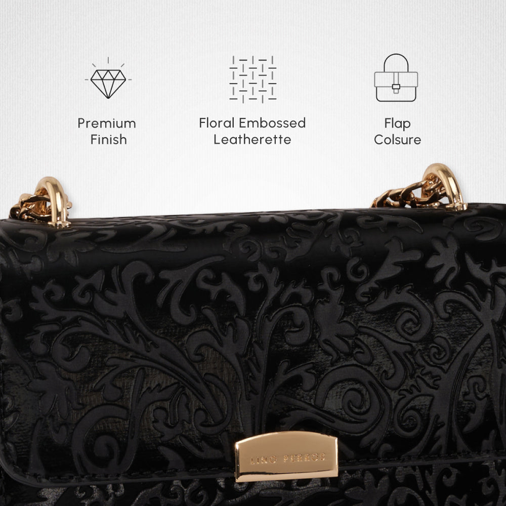 LINO PERROS BLACK FLORAL EMBOSSED SHOULDER BAG