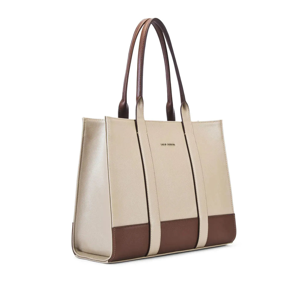 Voyage Color-blocked Commuter Beige Tan Tote bag - Lino Perros