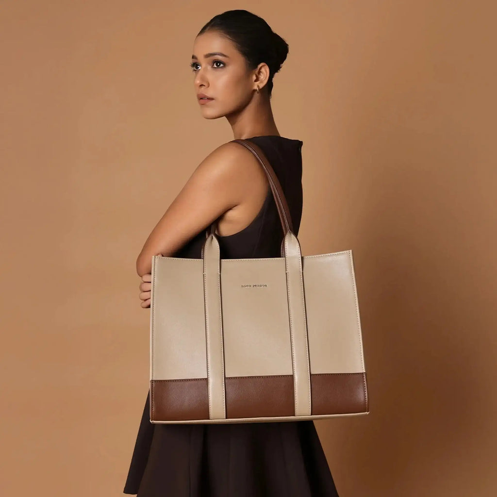 Voyage Color-blocked Commuter Beige Tan Tote bag - Lino Perros