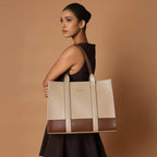 Voyage Color-blocked Commuter Beige Tan Tote bag - Lino Perros