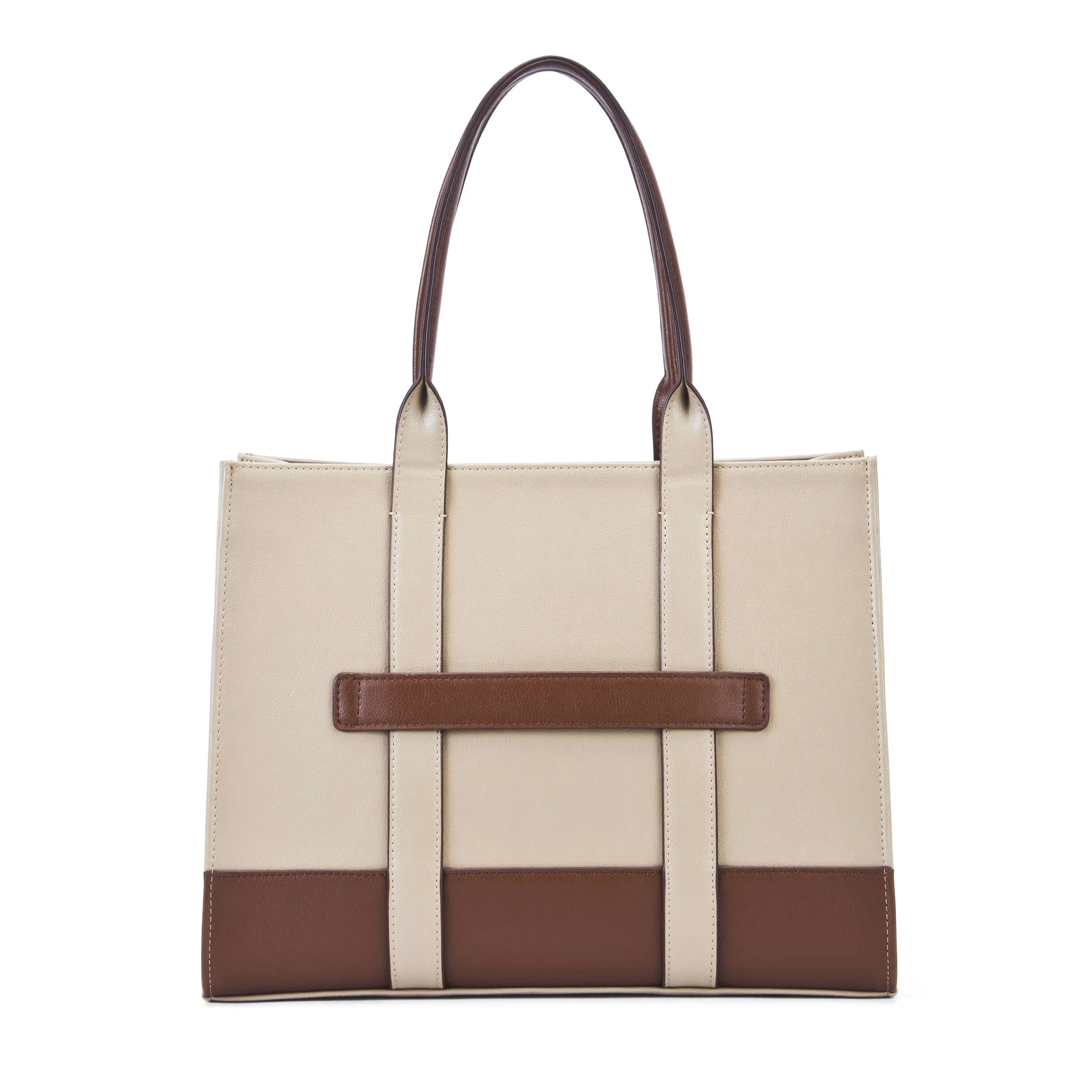 Voyage Color-blocked Commuter Beige Tan Tote bag - Lino Perros