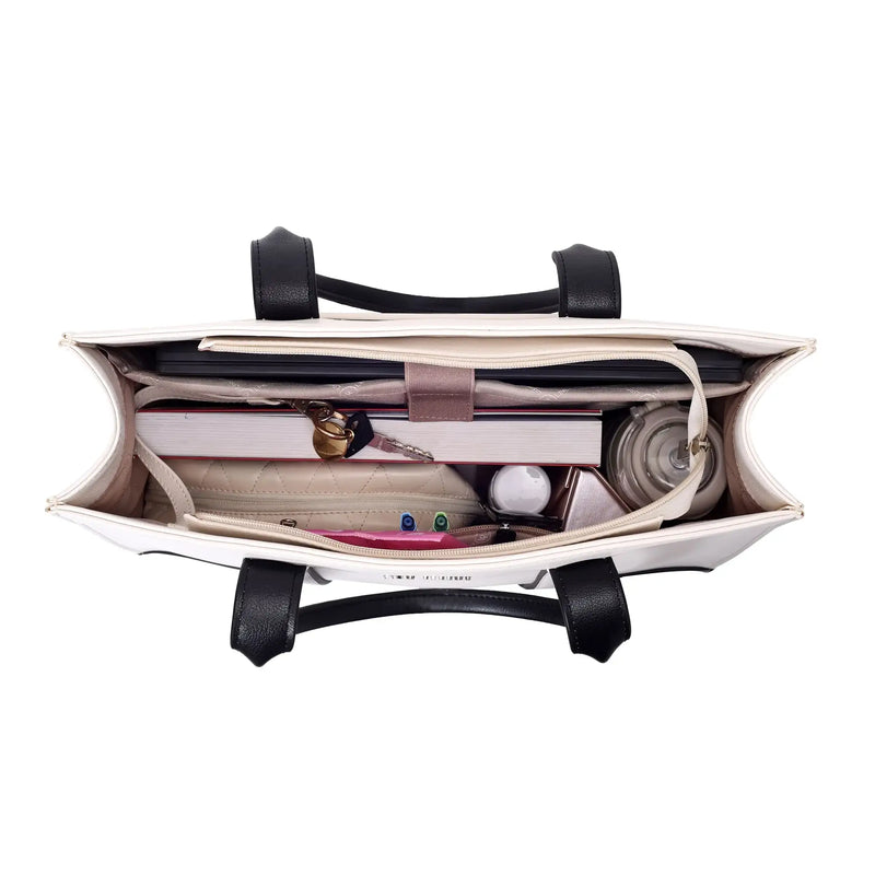 Voyage Color-blocked Commuter Beige-White Tote bag