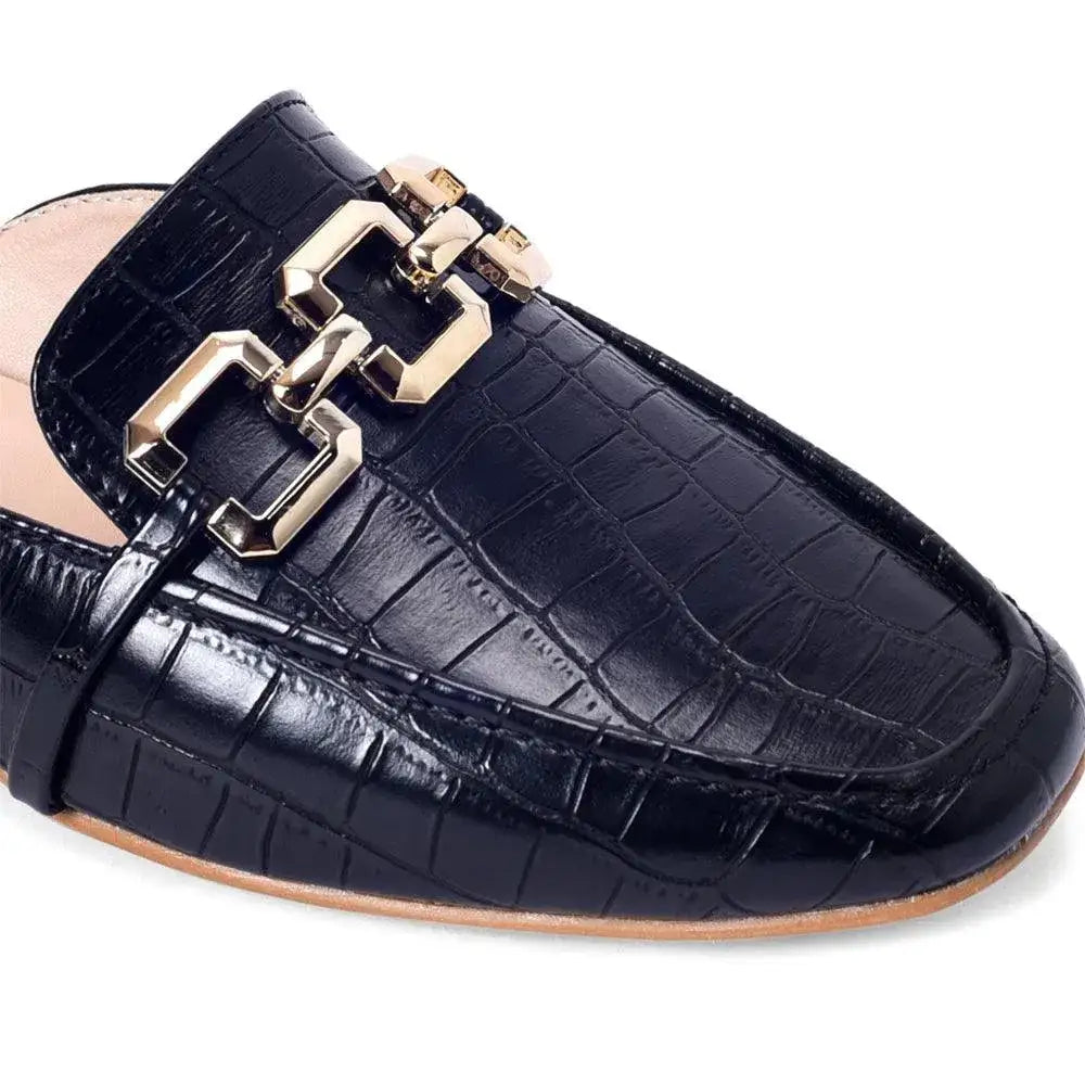 Ava Croco-Textured Chain Link Black Flats - Lino Perros