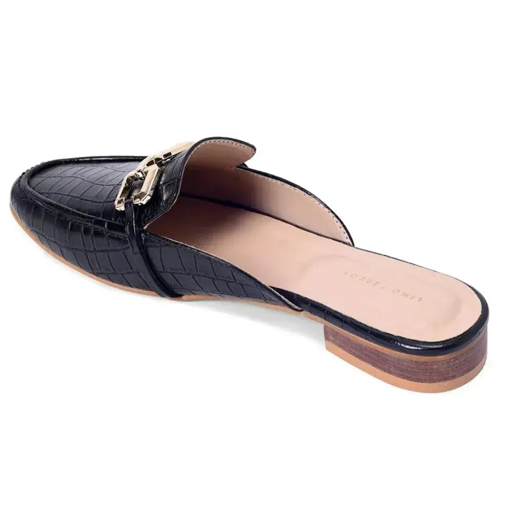 Ava Croco-Textured Chain Link Black Flats - Lino Perros