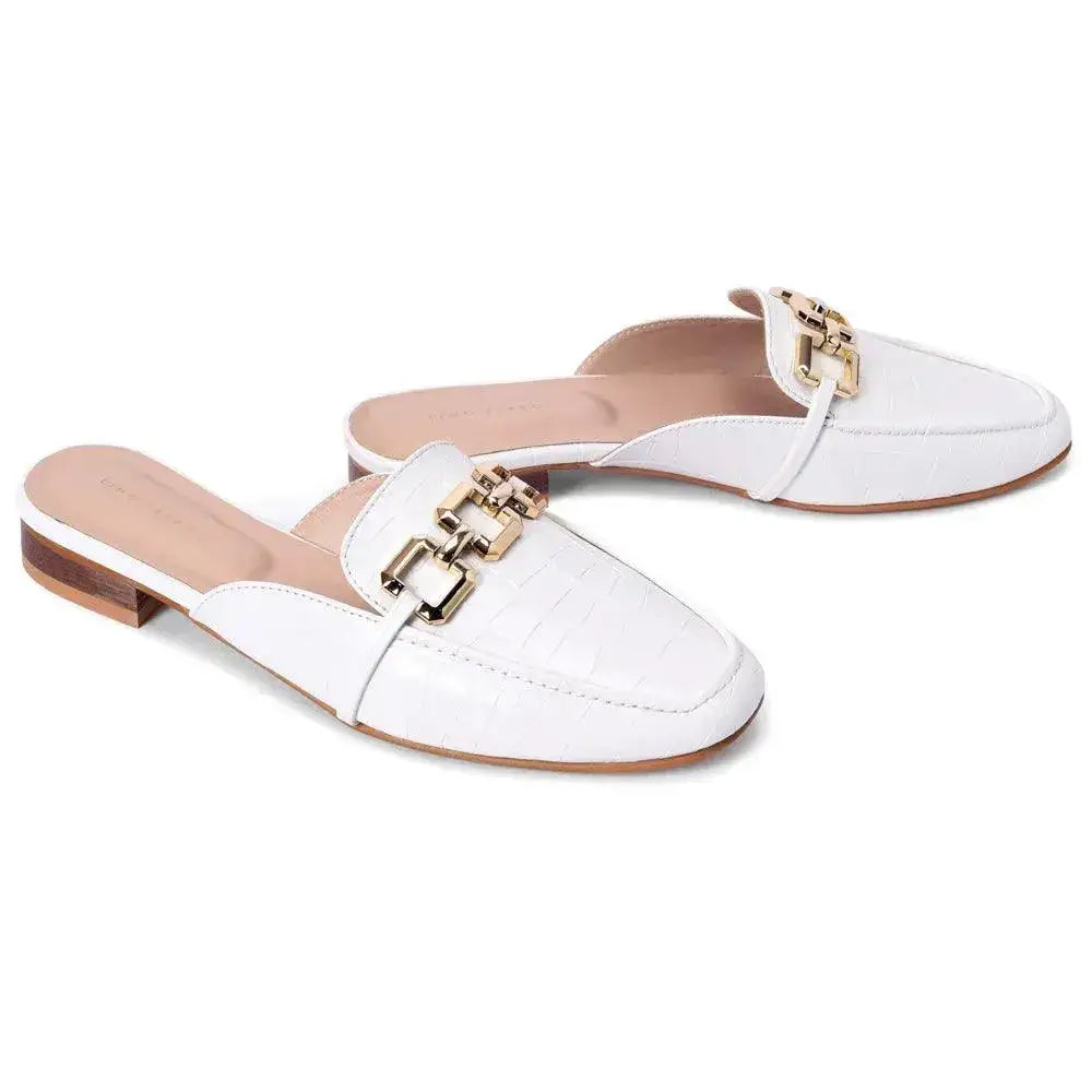 Ava Croco-Textured Chain Link White Flats - Lino Perros