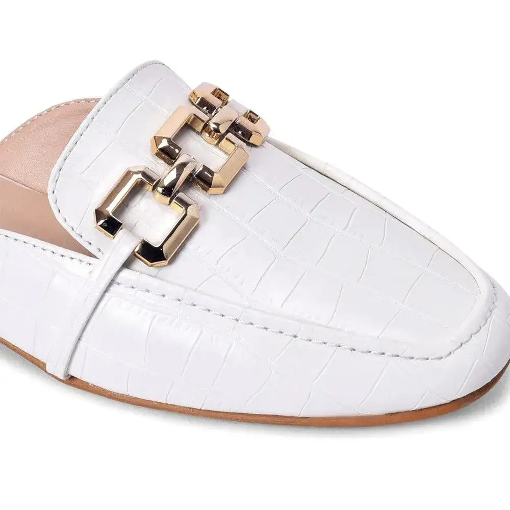 Ava Croco-Textured Chain Link White Flats - Lino Perros
