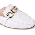 Ava Croco-Textured Chain Link White Flats - Lino Perros