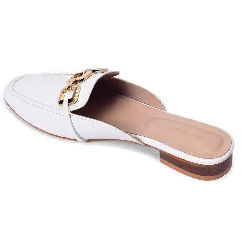Ava Croco-Textured Chain Link White Flats - Lino Perros