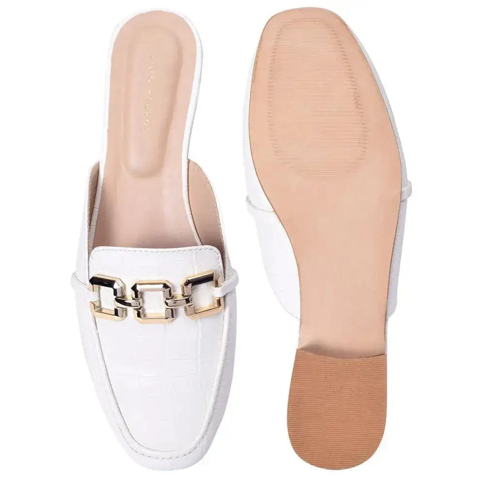 Ava Croco-Textured Chain Link White Flats - Lino Perros