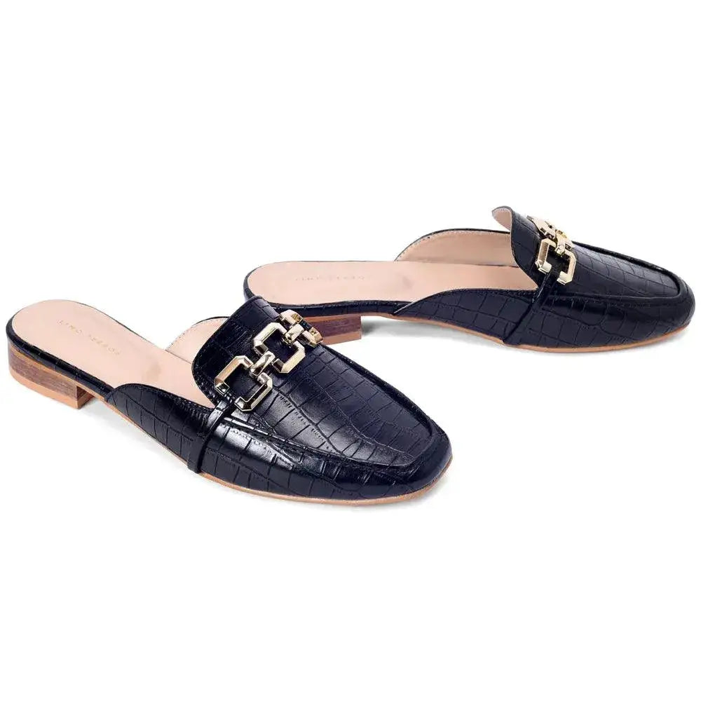 Ava Croco-Textured Chain Link Black Flats - Lino Perros