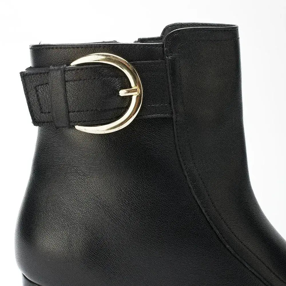 Ava Leather Ankle-Length Black Boots with Buckle - Lino Perros