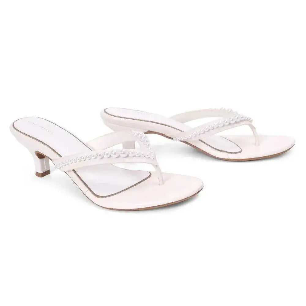Hepburn Beaded Kitten Off White Heel Sandal - Lino Perros