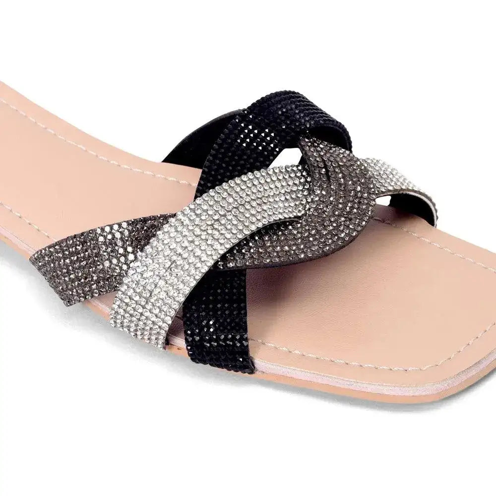 Victoria Trendy Embellished Black Multi Flats - Lino Perros